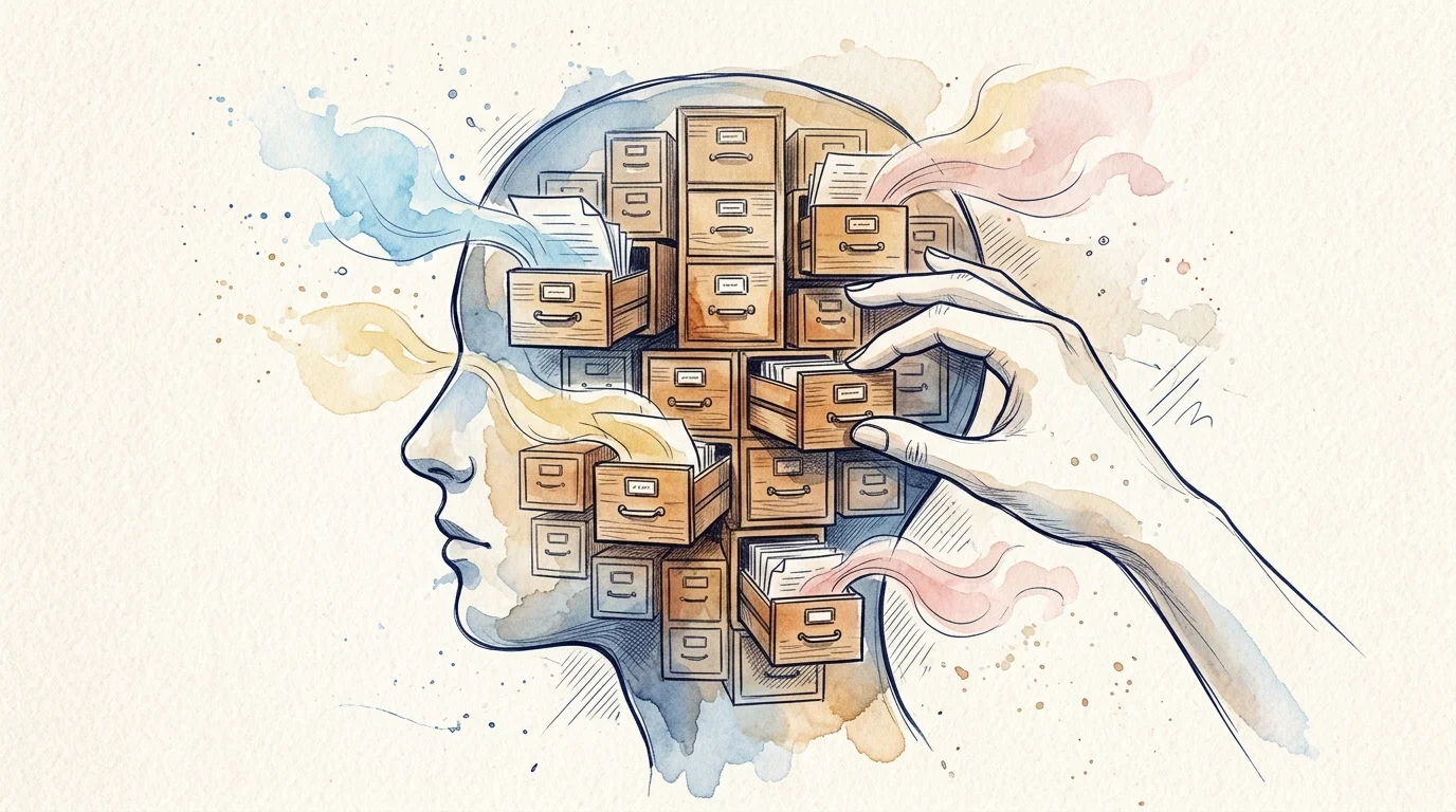 A conceptual illustration of a head containing filing cabinets, symbolizing how dreaming organizes memories and brain health.