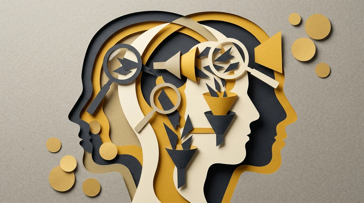 A cut-paper collage showing a silhouette of a head filtering out positive gold circles and focusing only on jagged black shards.