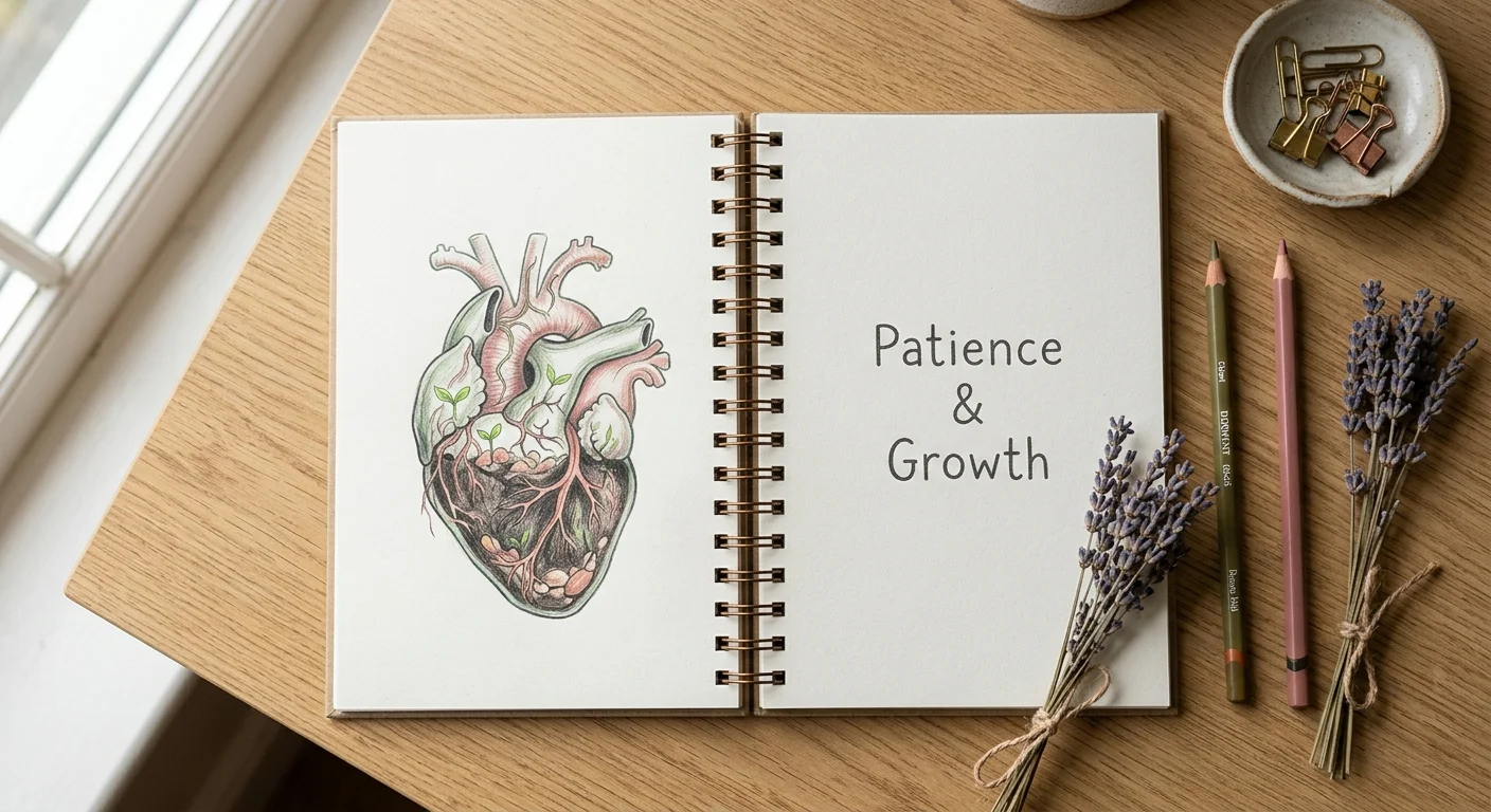 A flat-lay illustration of an open journal showing a heart-shaped terrarium with new sprouts growing inside.