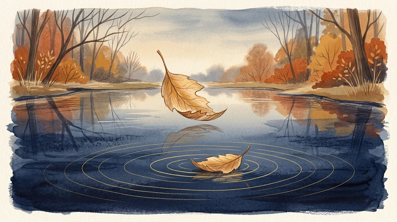 A gentle gouache illustration of a golden autumn leaf drifting onto a calm indigo pond, symbolizing the natural cycle of life.