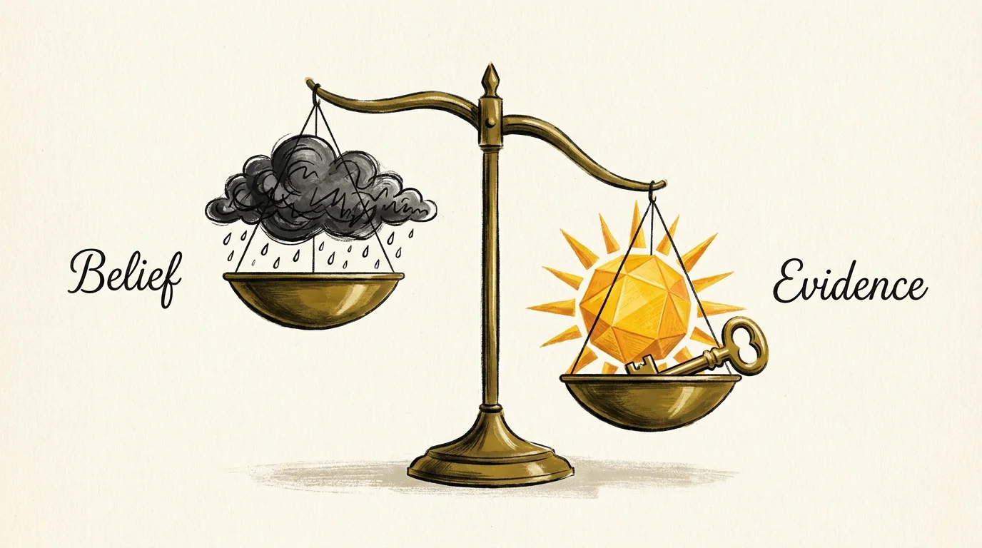 A gouache illustration of a balance scale where a solid golden sun and key of 'Evidence' outweigh a dark, scribbled storm cloud of 'Belief'.