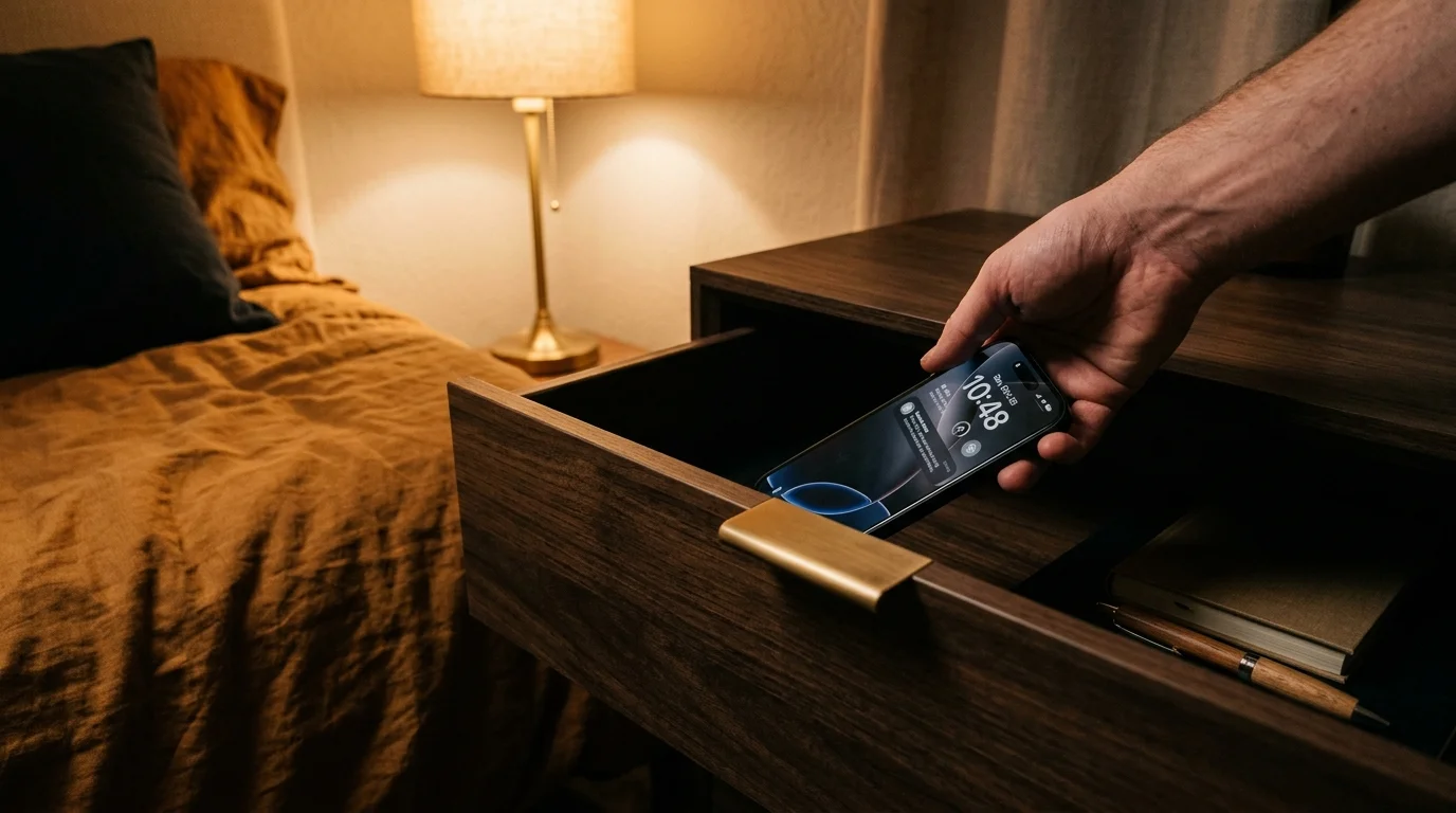 A hand placing a smartphone inside a wooden nightstand drawer in a dimly lit, cozy bedroom.