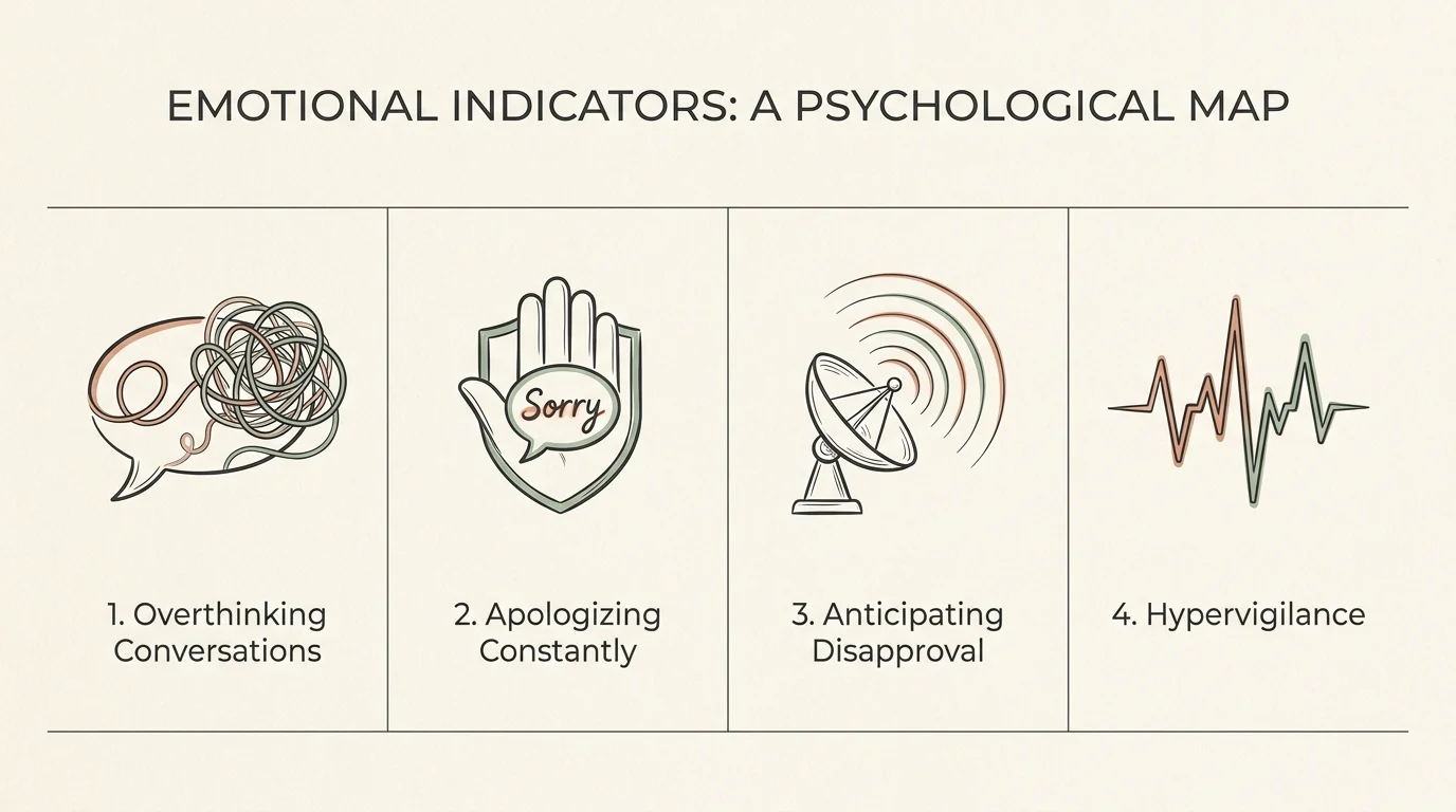 A horizontal four-panel infographic illustrating four signs of rejection sensitivity: overthinking, constant apologizing, anticipating disap