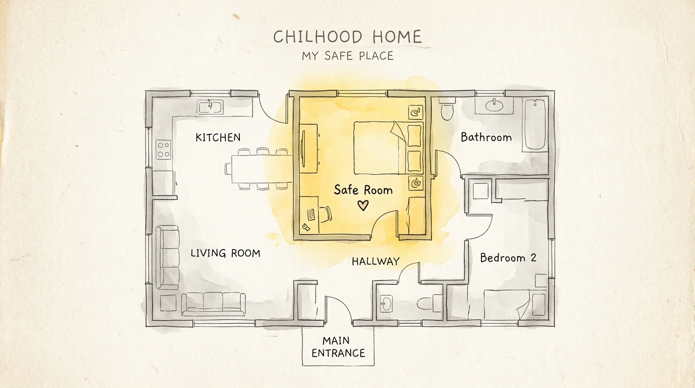 A minimalist blueprint illustration of a childhood home floor plan, with one room glowing in warm yellow watercolor.