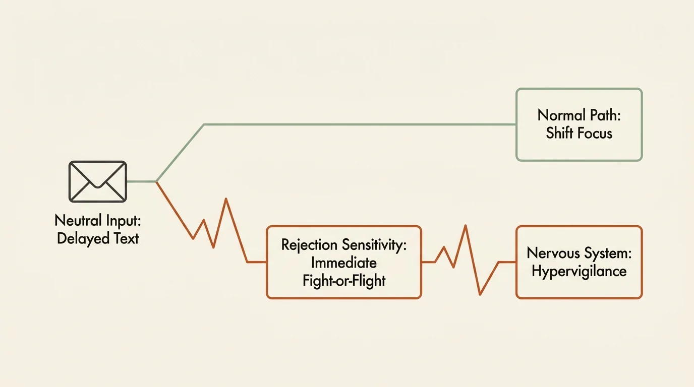 A minimalist diagram showing two pathways of processing a delayed text message, contrasting a typical response with rejection sensitivity.