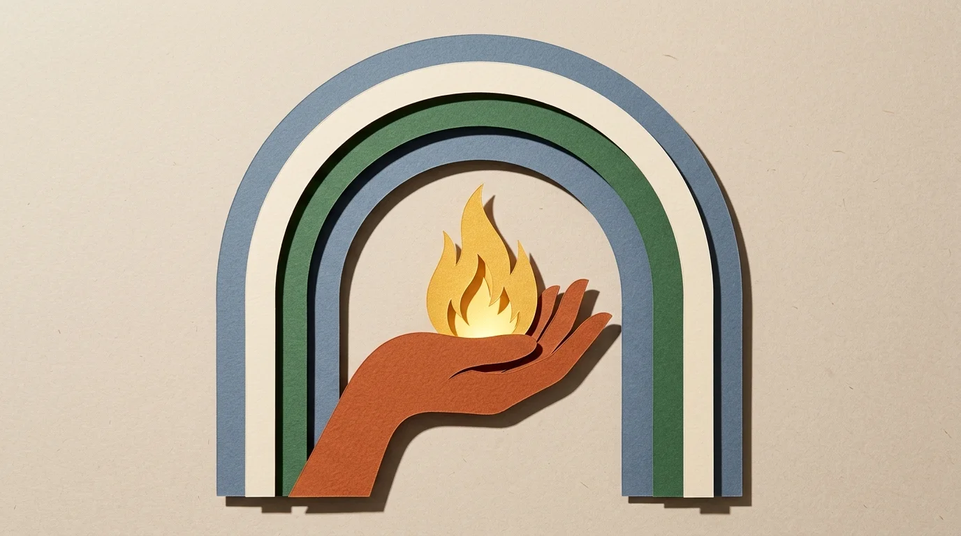 A minimalist paper-cut collage of a hand guarding a golden flame, shielded by protective concentric paper arches.