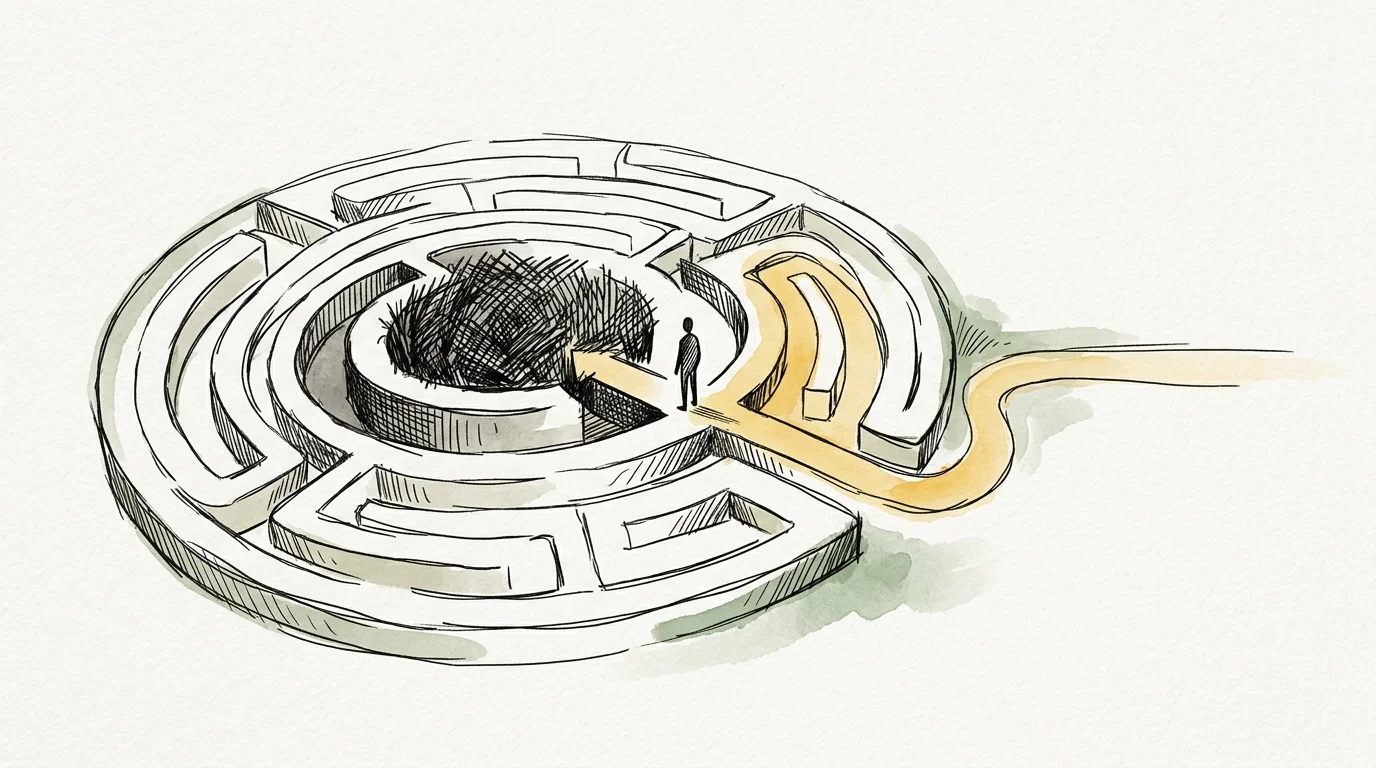 A minimalist watercolor of a maze where a figure chooses between a dark, looping path and a path illuminated in warm yellow.