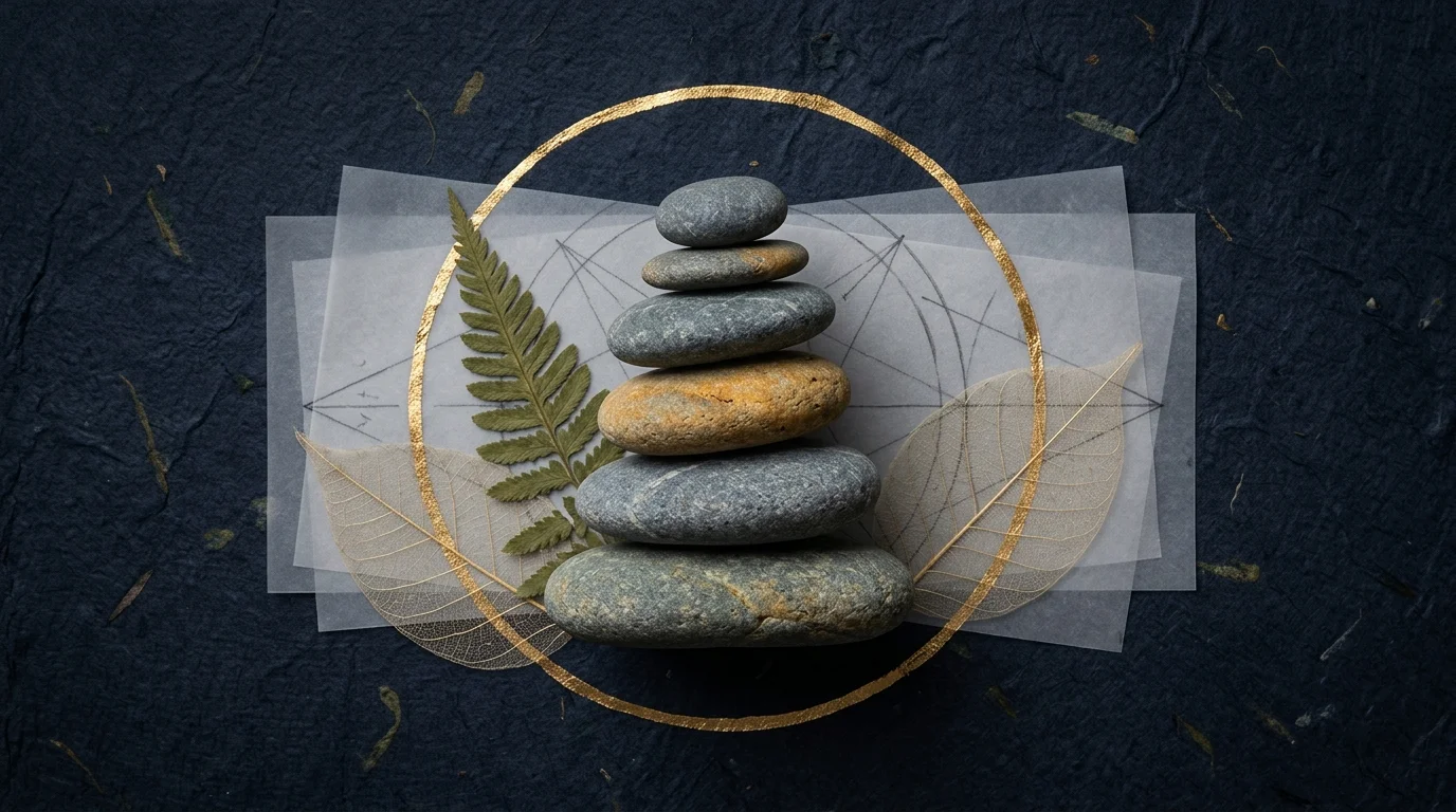 A mixed-media collage featuring a balanced stack of river stones surrounded by a gold leaf halo, pressed leaves, and faint geometric lines.