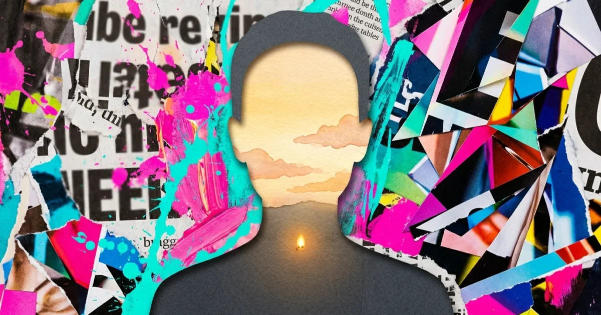 A mixed-media collage showing a calm watercolor landscape inside a dark silhouette, surrounded by a chaotic, colorful collage of media clipp