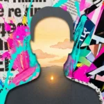 A mixed-media collage showing a calm watercolor landscape inside a dark silhouette, surrounded by a chaotic, colorful collage of media clipp