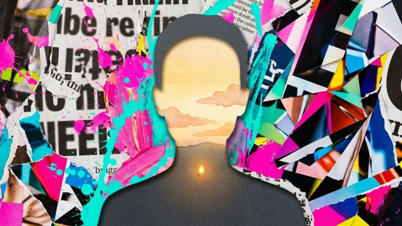 A mixed-media collage showing a calm watercolor landscape inside a dark silhouette, surrounded by a chaotic, colorful collage of media clipp