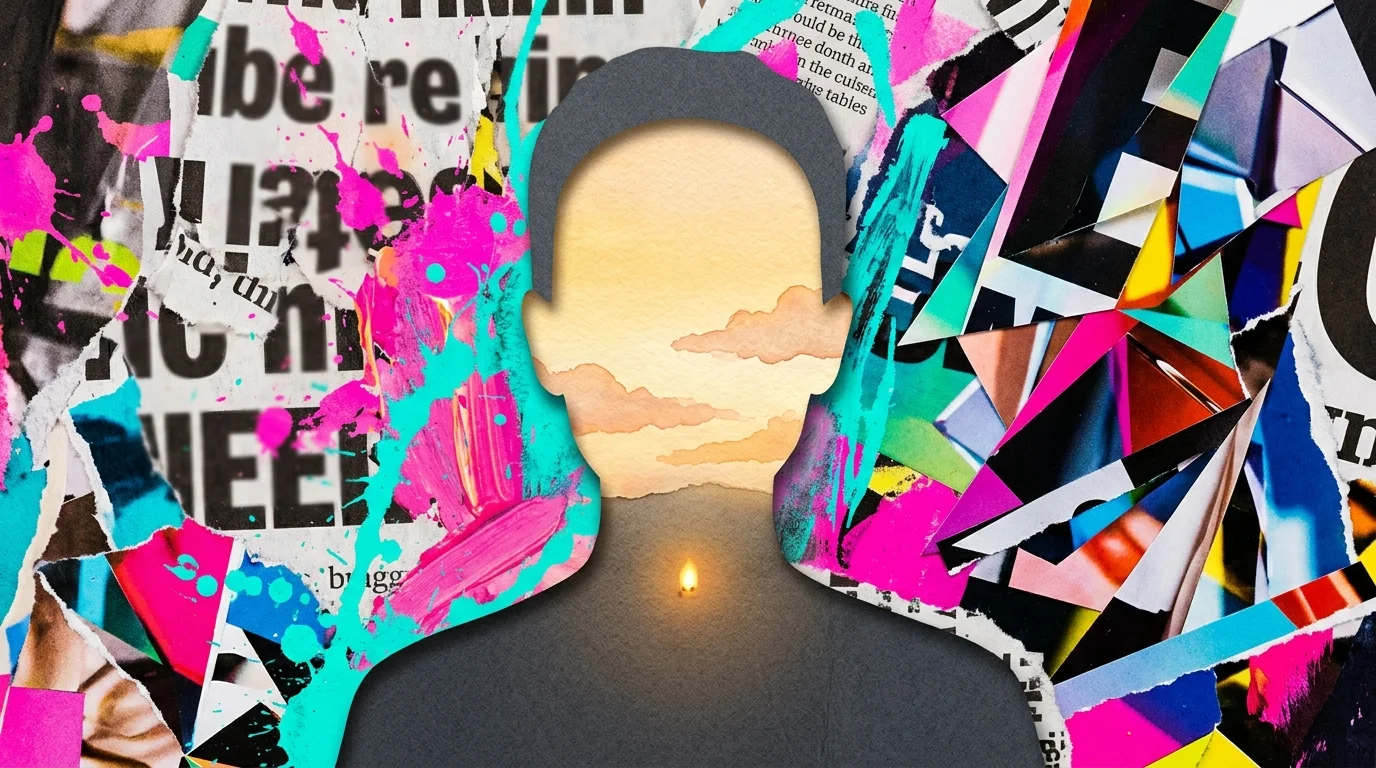 A mixed-media collage showing a calm watercolor landscape inside a dark silhouette, surrounded by a chaotic, colorful collage of media clipp