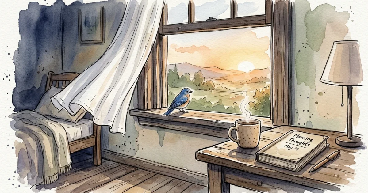 A peaceful watercolor illustration of a bluebird on a sunlit windowsill next to a steaming mug, evoking a quiet, spiritual presence.