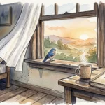 A peaceful watercolor illustration of a bluebird on a sunlit windowsill next to a steaming mug, evoking a quiet, spiritual presence.