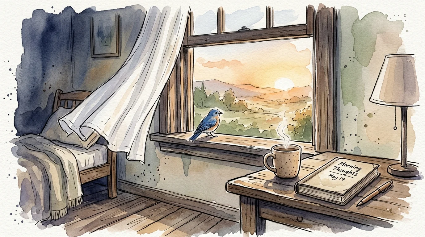 A peaceful watercolor illustration of a bluebird on a sunlit windowsill next to a steaming mug, evoking a quiet, spiritual presence.