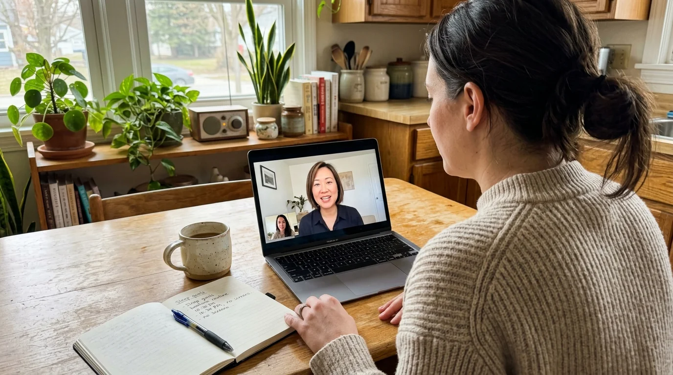 A person having a telehealth video call with a sleep counselor on a laptop at a sunny kitchen table.