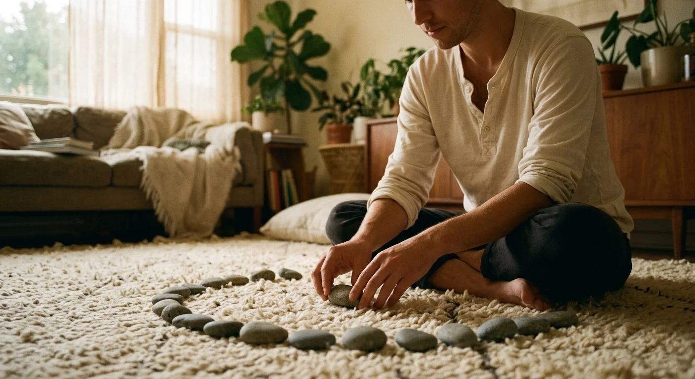 A person sitting on a woven rug, gently arranging smooth grey stones into a protective semicircle around themselves.
