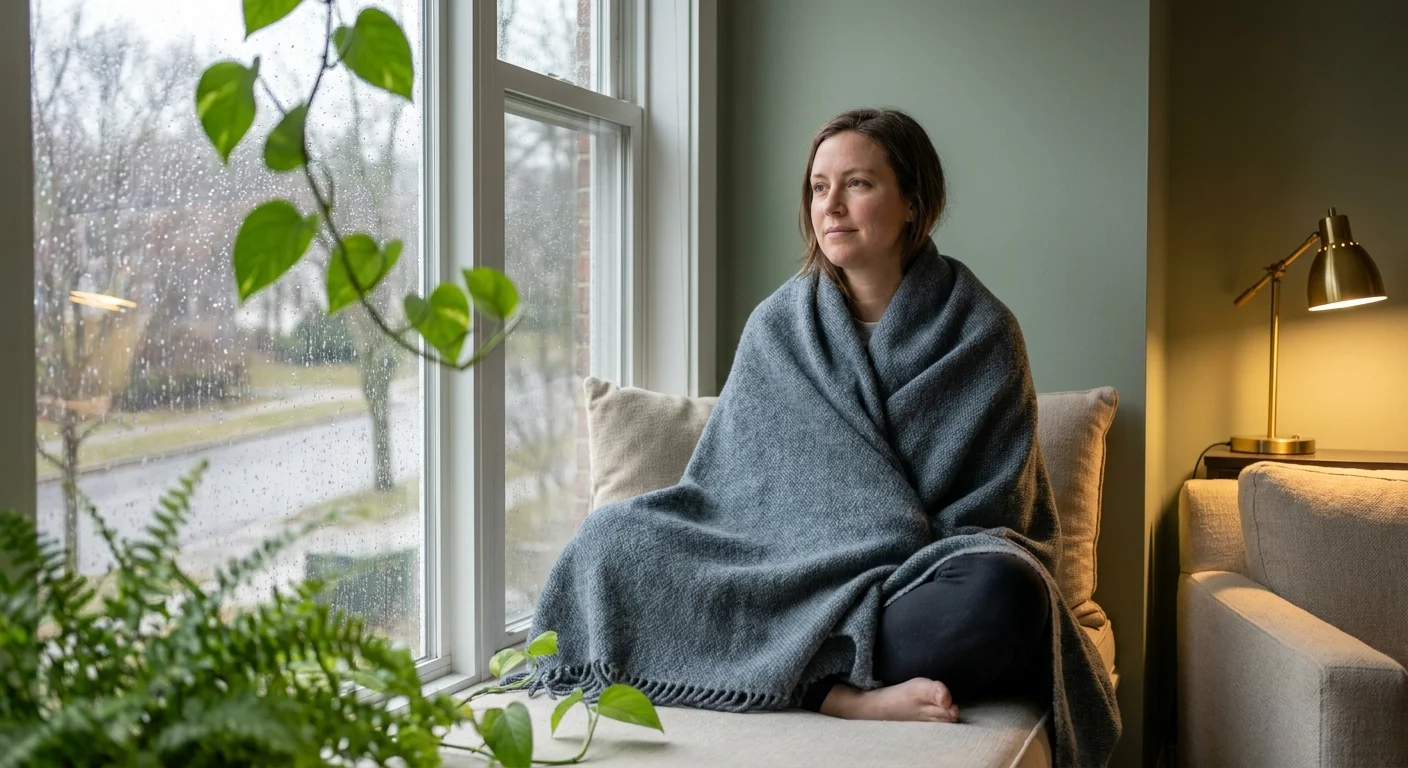 A photograph of a person wrapped in a wool blanket sitting peacefully on a window seat, looking out at a rainy day.