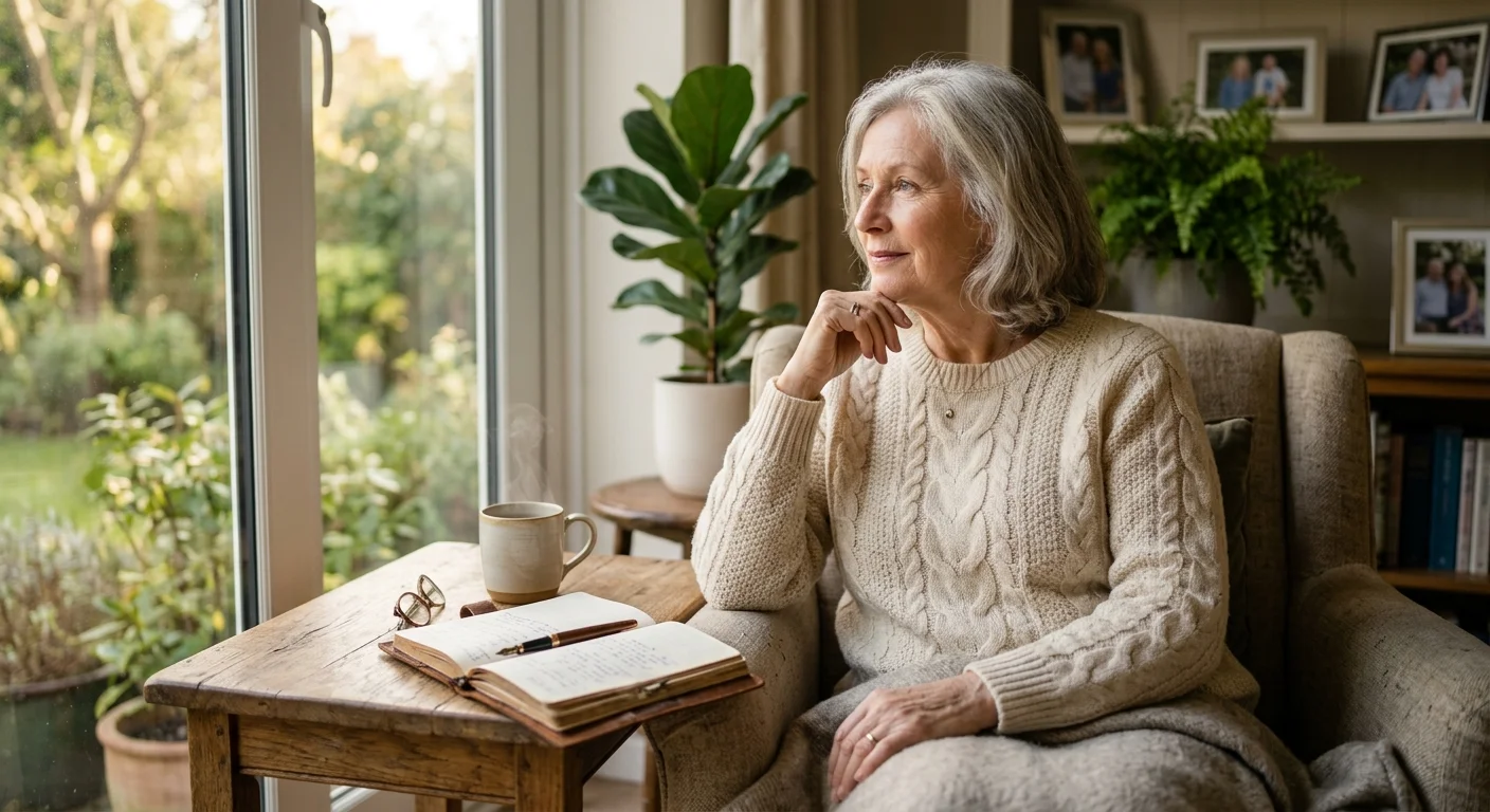 A photograph of an older woman looking out a sunlit window next to a hot mug of tea and an open journal.