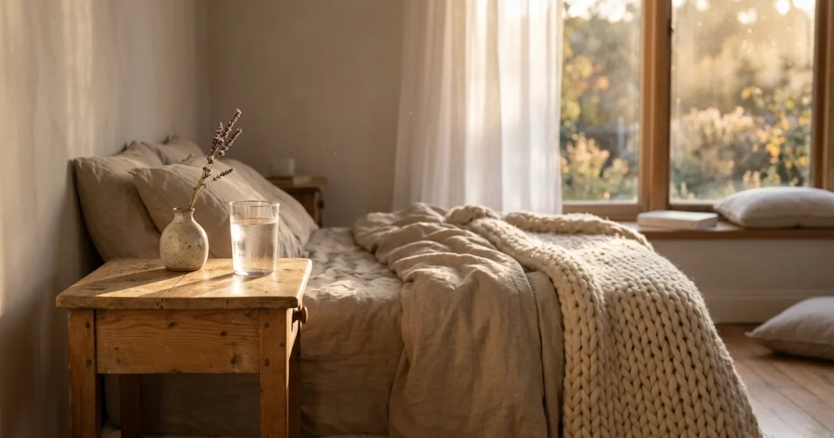 A sunlit bedside table with a glass of water and a lavender sprig next to a bed with a warm knitted blanket, in soft golden light.
