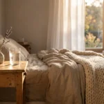 A sunlit bedside table with a glass of water and a lavender sprig next to a bed with a warm knitted blanket, in soft golden light.