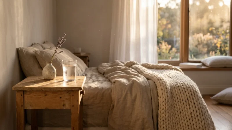 A sunlit bedside table with a glass of water and a lavender sprig next to a bed with a warm knitted blanket, in soft golden light.