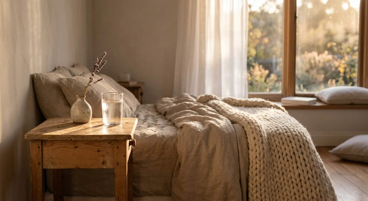 A sunlit bedside table with a glass of water and a lavender sprig next to a bed with a warm knitted blanket, in soft golden light.