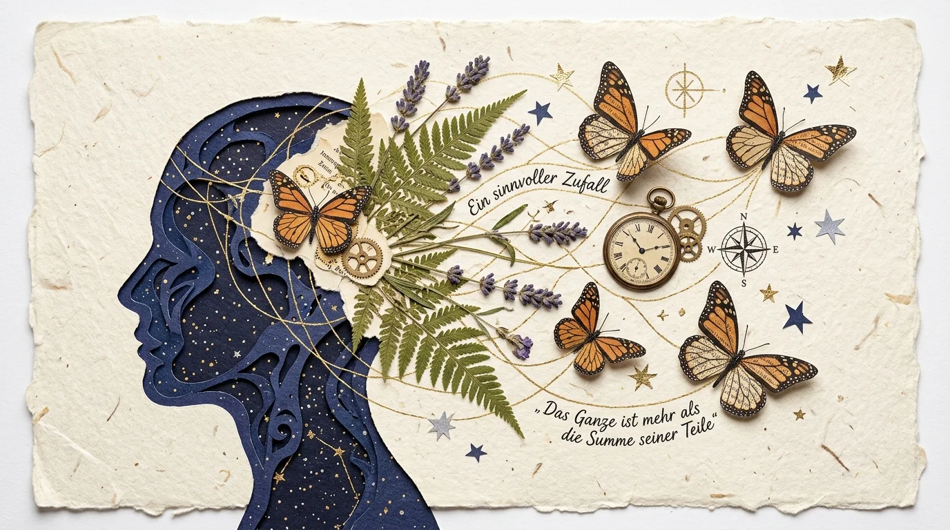 A textured paper collage showing a silhouette profile connected by gold lines to pressed flowers and paper butterflies.