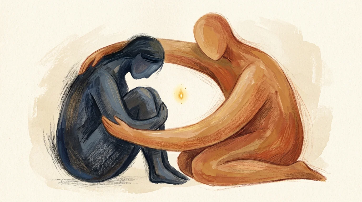 A warm gouache illustration of a supportive figure wrapping a protective arm around a grieving figure, symbolizing comfort and boundary.