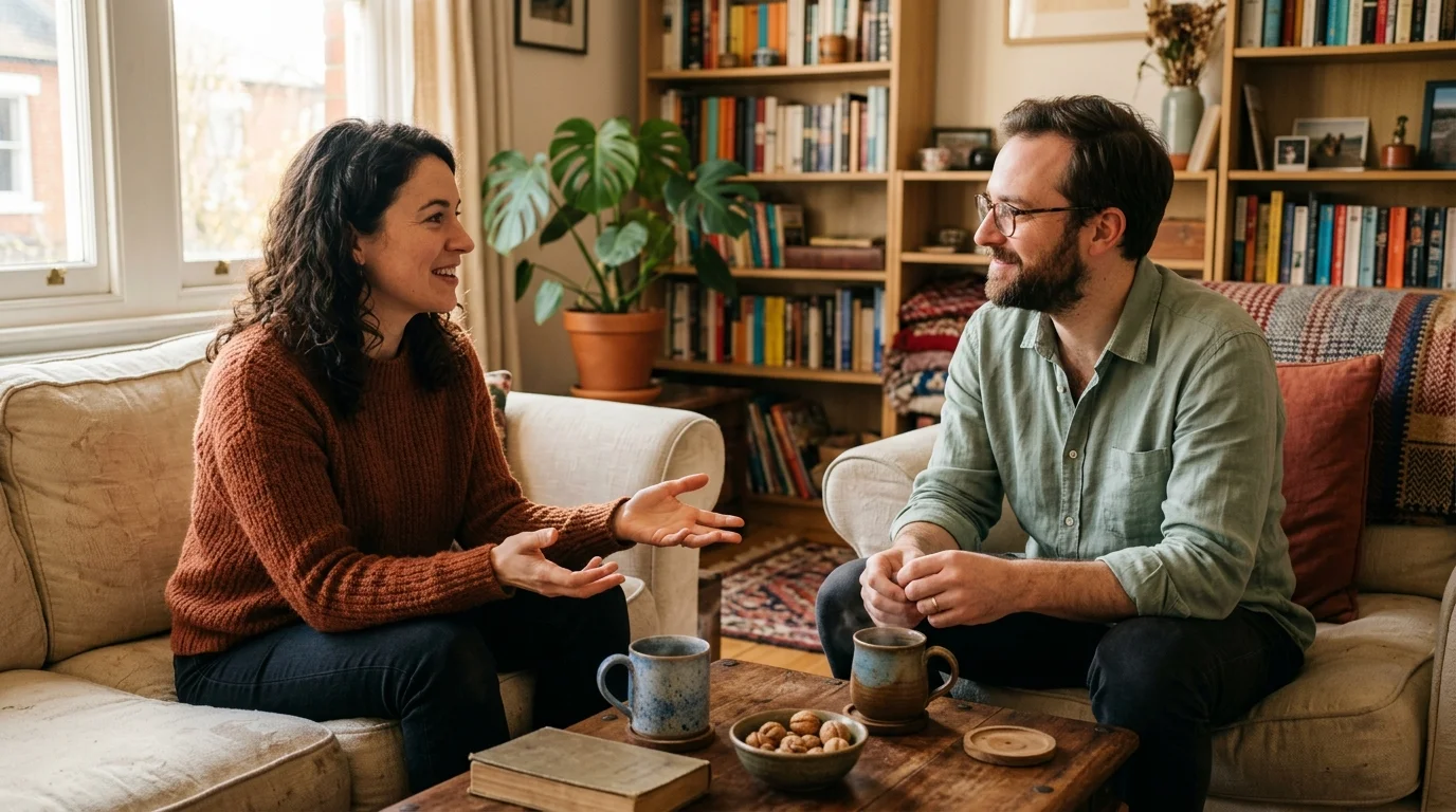 A warm, natural photograph of two friends having a relaxed, respectful conversation over tea in a cozy, sunlit living room.