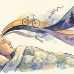 A watercolor and ink illustration of a sleeping person with dream-like colorful ribbons of memory flowing from their mind.
