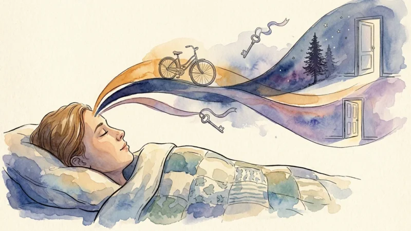 A watercolor and ink illustration of a sleeping person with dream-like colorful ribbons of memory flowing from their mind.