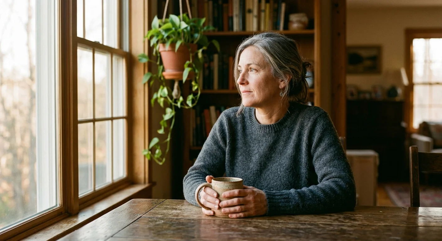 A woman sitting at a sunlit wooden table, holding a warm mug and looking thoughtfully out the window.