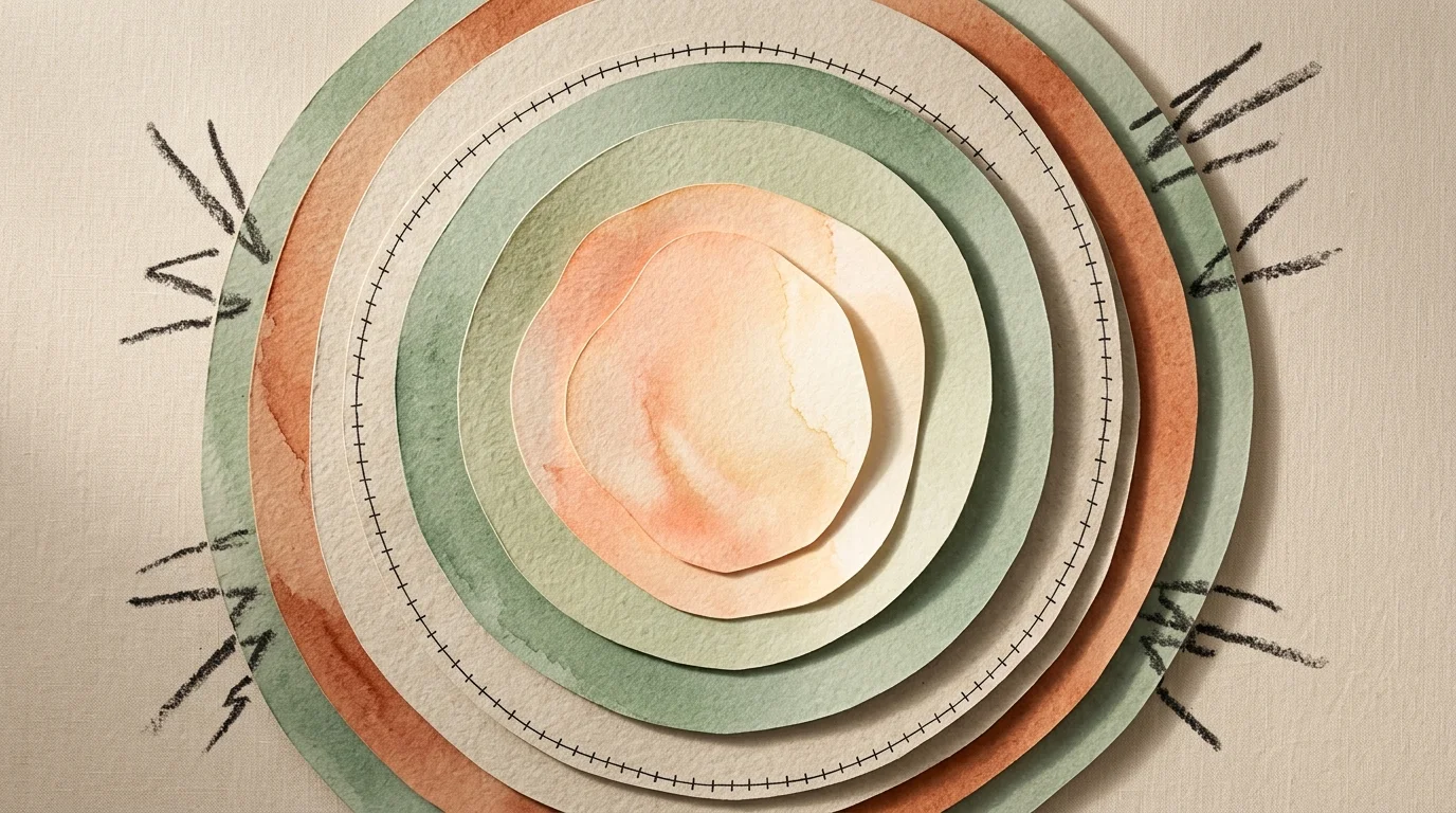 An abstract cut-paper collage of a glowing central shape protected by concentric sage green and terracotta paper rings.