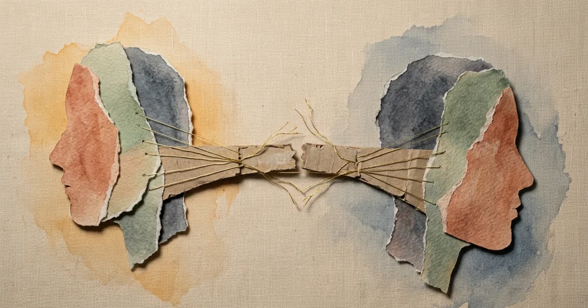 An abstract mixed-media collage of two paper profiles facing away from each other with a cracking cardboard bridge and fraying gold threads.
