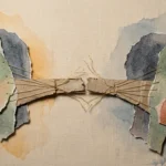 An abstract mixed-media collage of two paper profiles facing away from each other with a cracking cardboard bridge and fraying gold threads.