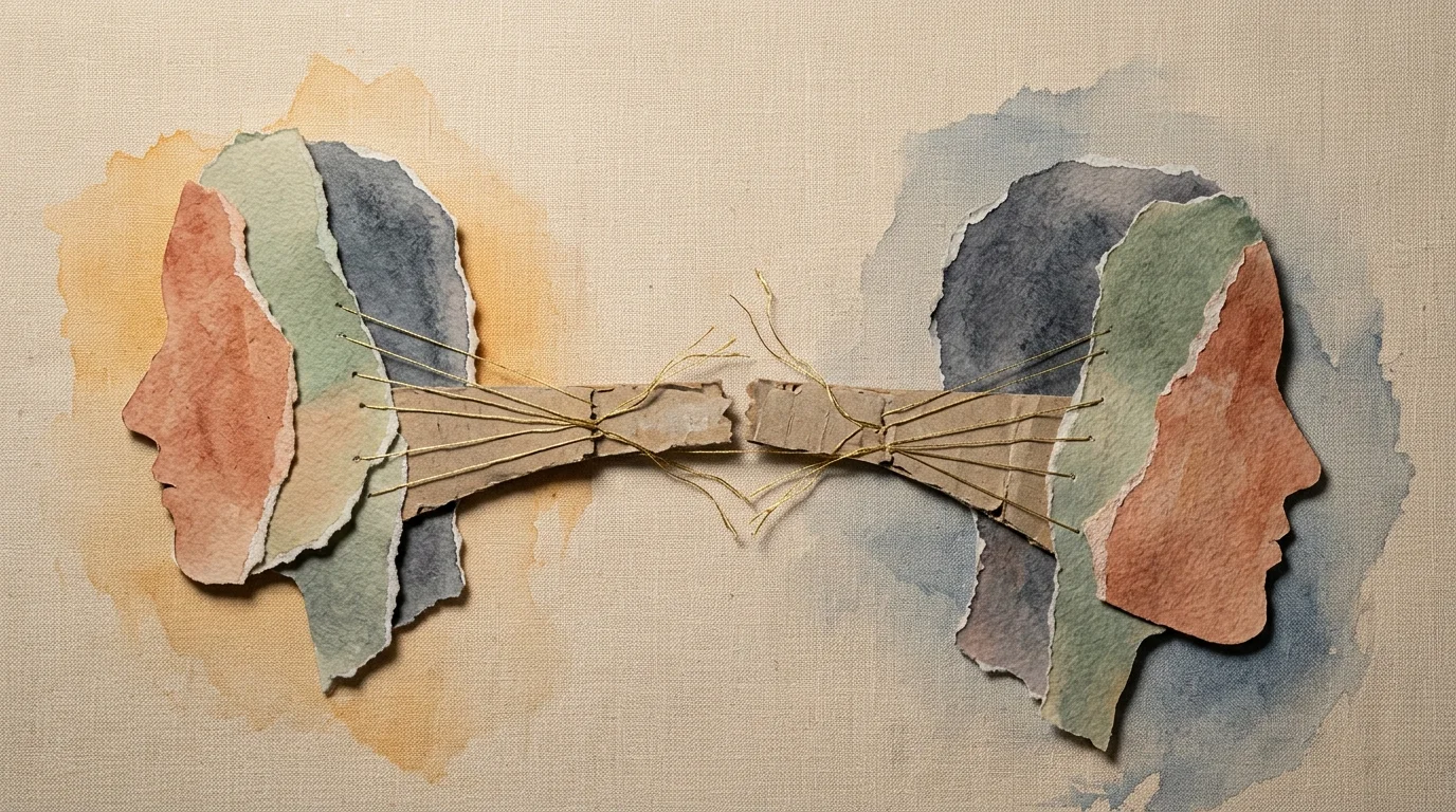 An abstract mixed-media collage of two paper profiles facing away from each other with a cracking cardboard bridge and fraying gold threads.