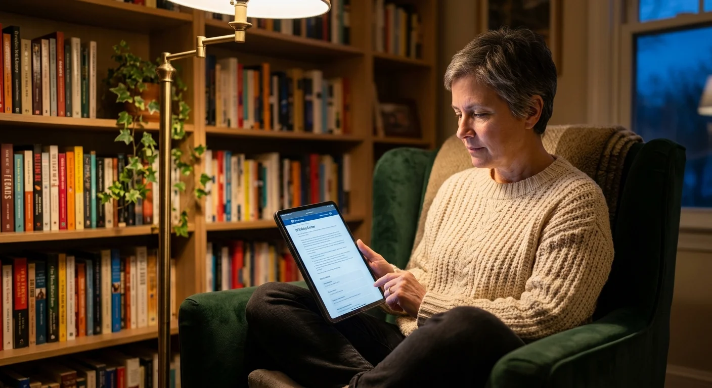 An adult in a cozy knit sweater sits in a velvet armchair at dusk, reading relationship advice on a tablet under a warm lamp.