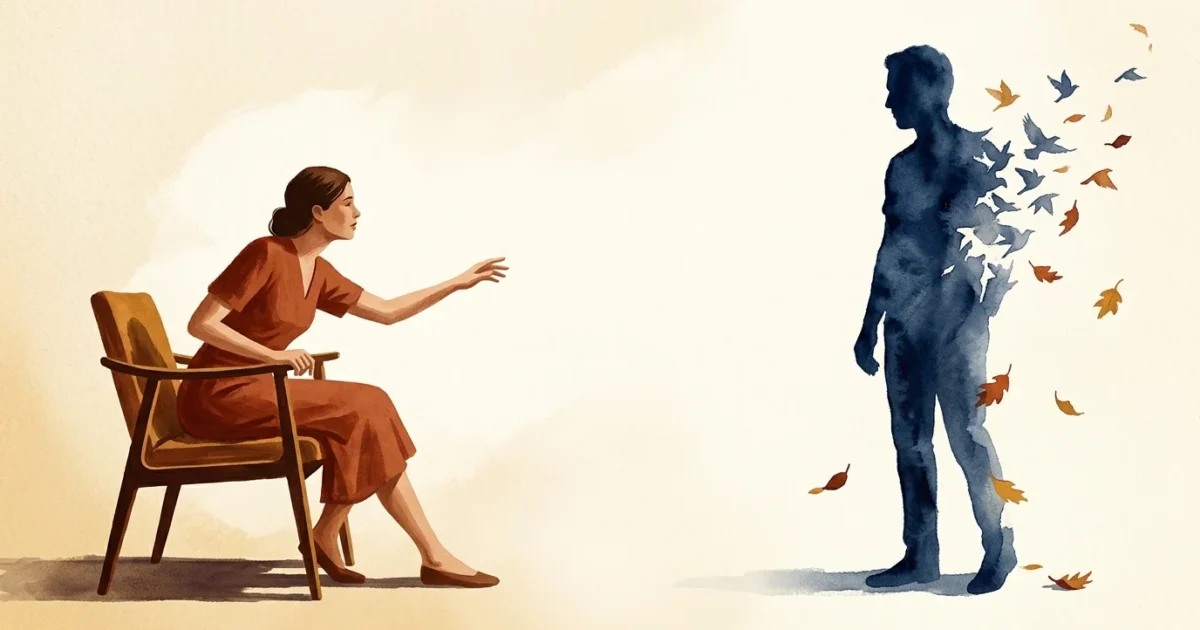 An editorial illustration of a woman reaching out toward a partner's silhouette that is dissolving into birds and leaves.