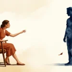 An editorial illustration of a woman reaching out toward a partner's silhouette that is dissolving into birds and leaves.