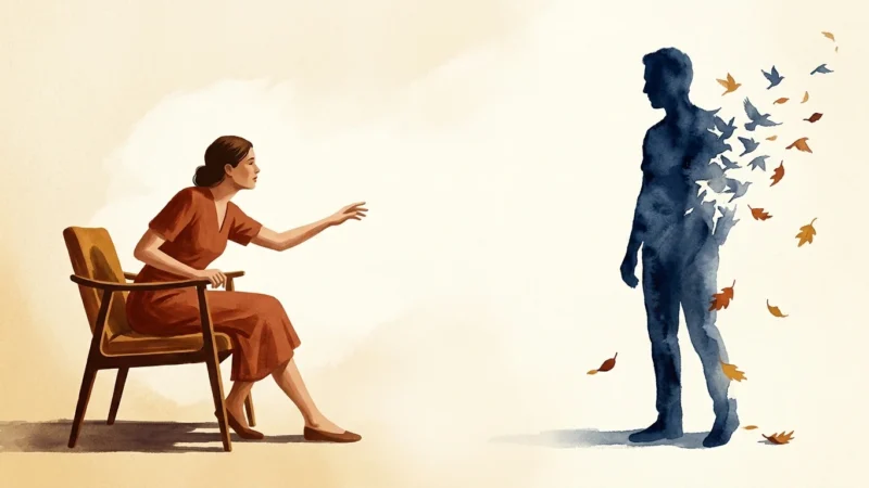 An editorial illustration of a woman reaching out toward a partner's silhouette that is dissolving into birds and leaves.