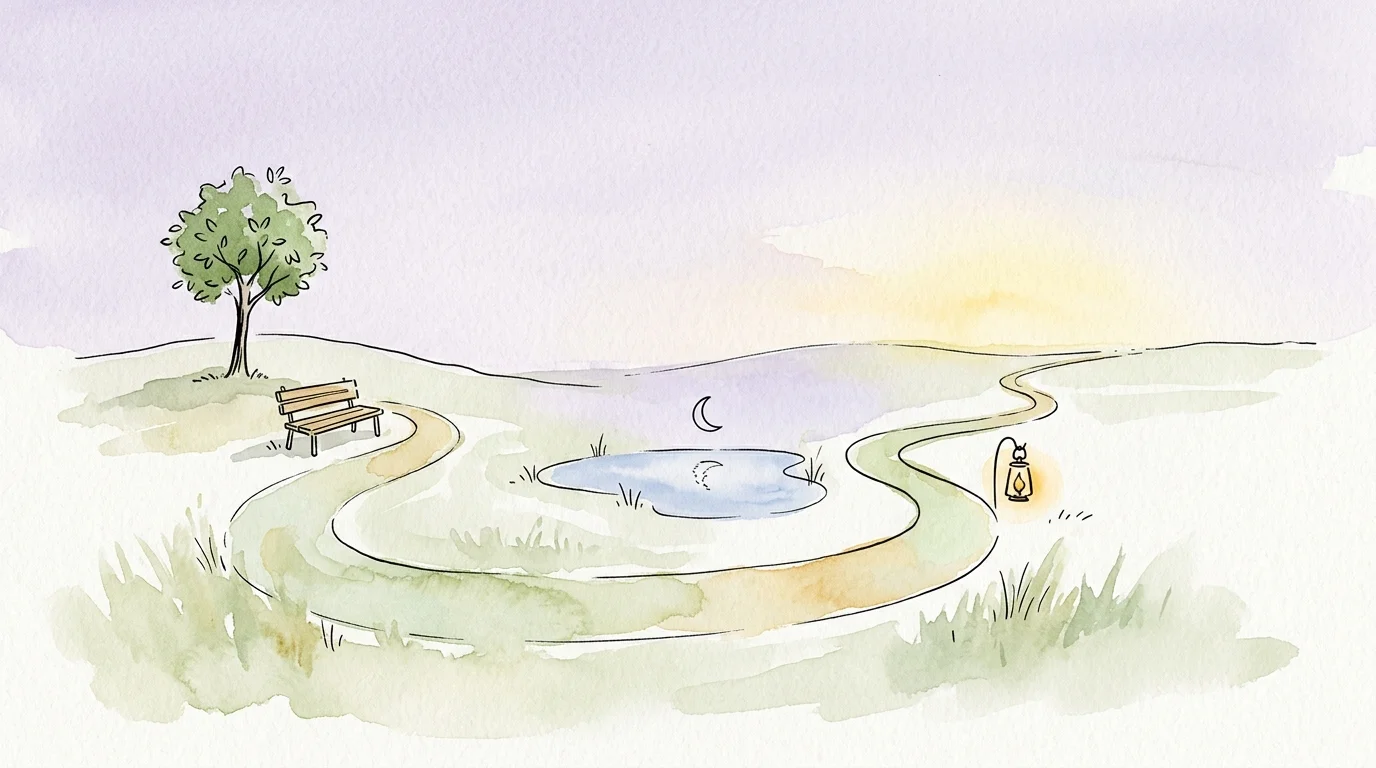An elegant watercolor illustration of a winding path through a meadow with simple ink icons of a bench, a quiet pond, and a lantern.