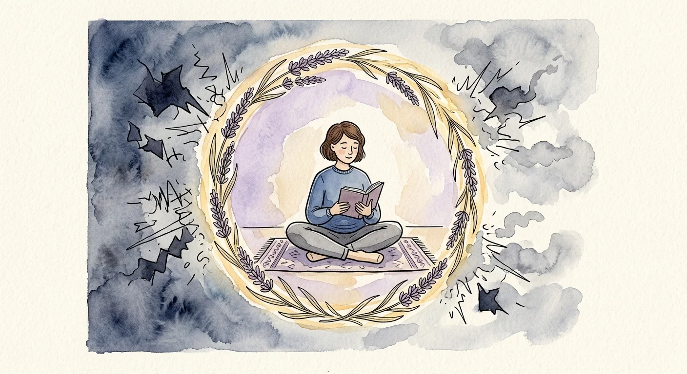 An illustration of a person sitting safely inside a glowing circle of lavender, keeping out external chaos.