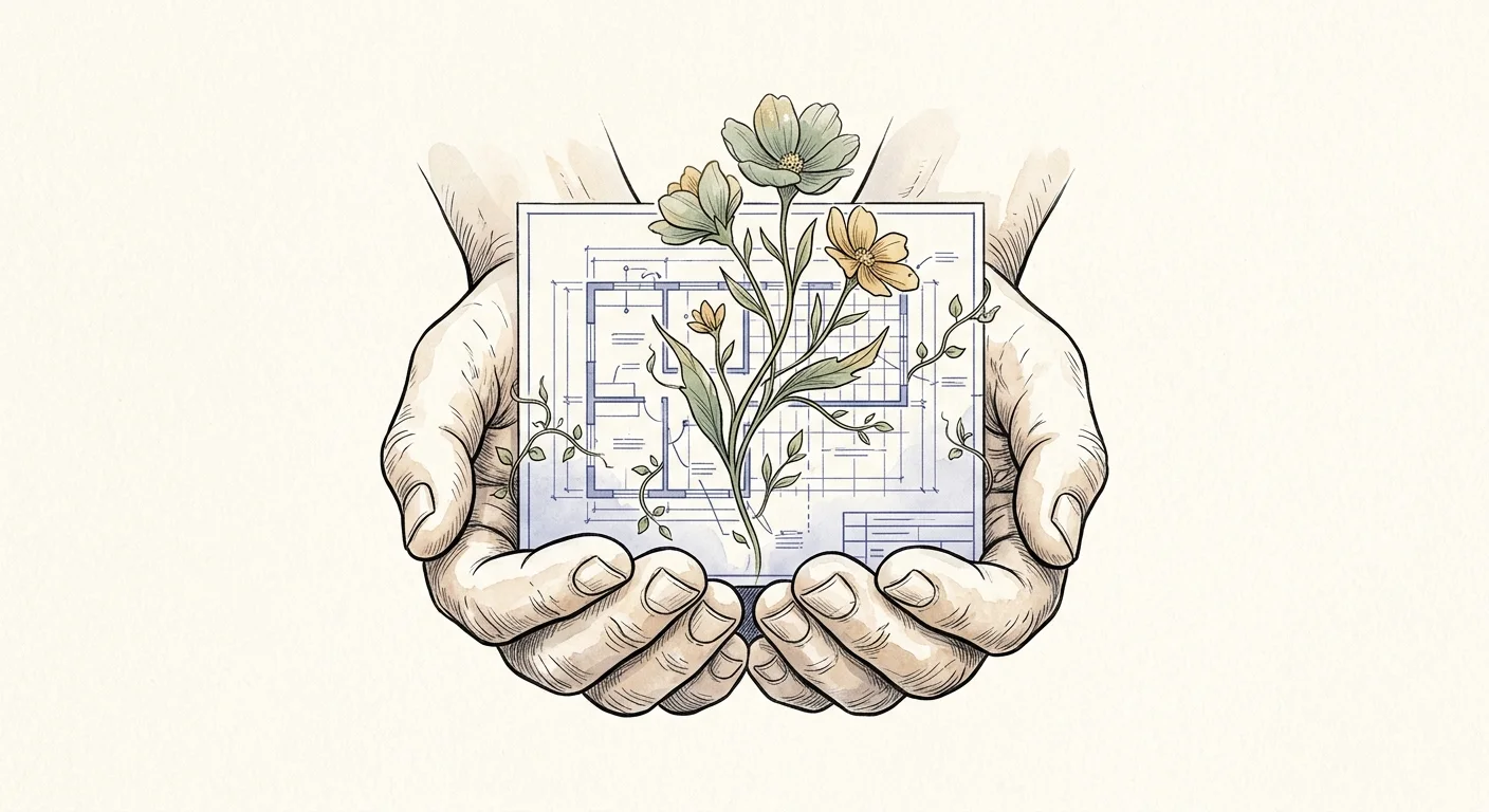 An illustration of hands holding a geometric blueprint intertwined with blooming wildflowers, representing balance.