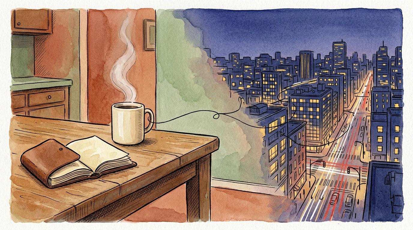 An ink and watercolor illustration showing a quiet, warm-lit kitchen table on the left transitioning into a bustling, abstract city grid on 