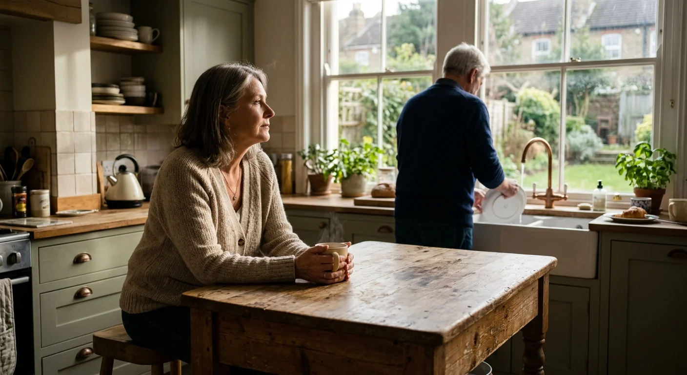 An older couple in a sunlit kitchen showing subtle physical distance, the woman holding a mug while the man washes dishes in the background.