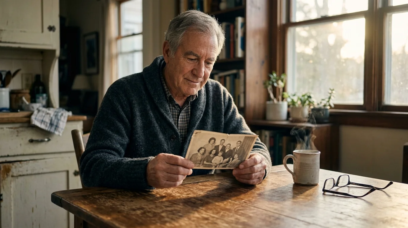 An older man looking thoughtfully at an old family photograph at his kitchen table in the afternoon light.