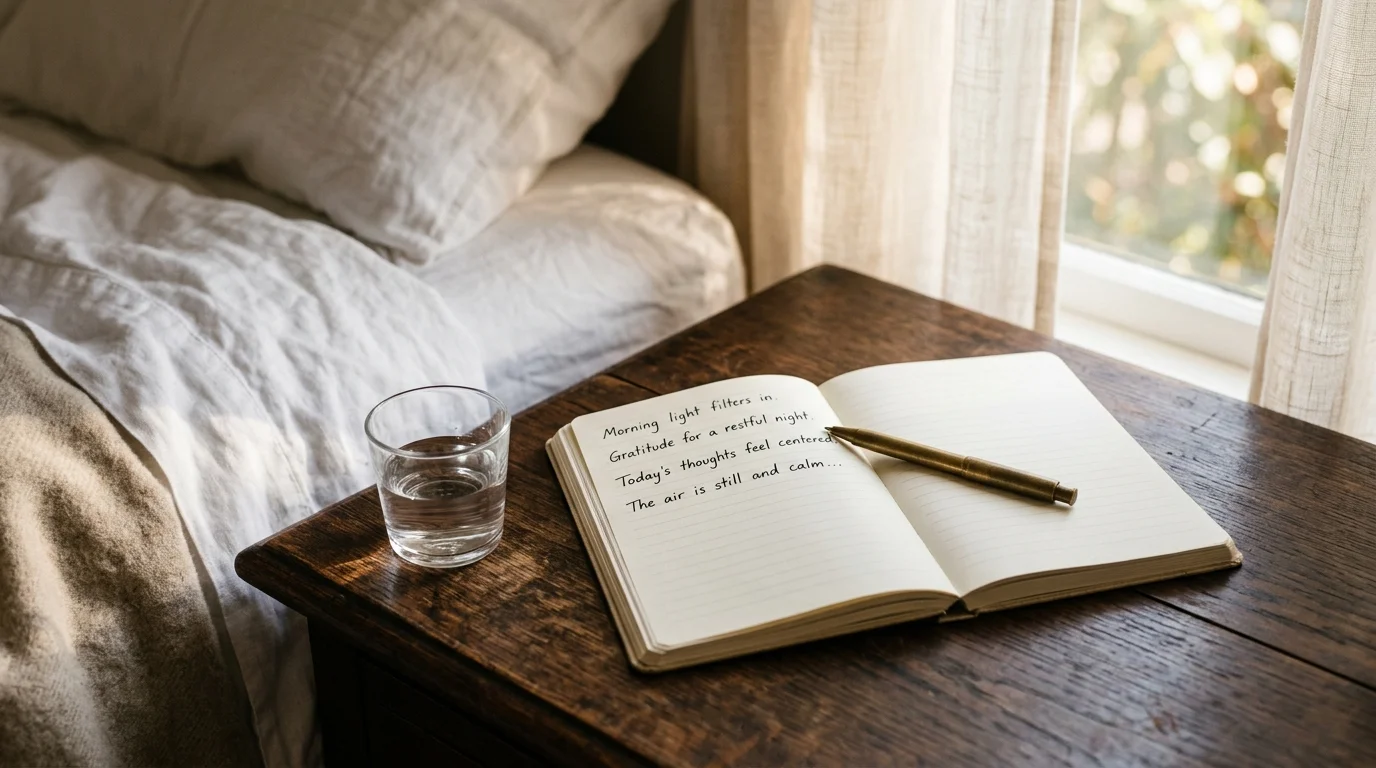 An open journal with a pen on a wooden bedside table in soft morning light, next to a bed with linen sheets.