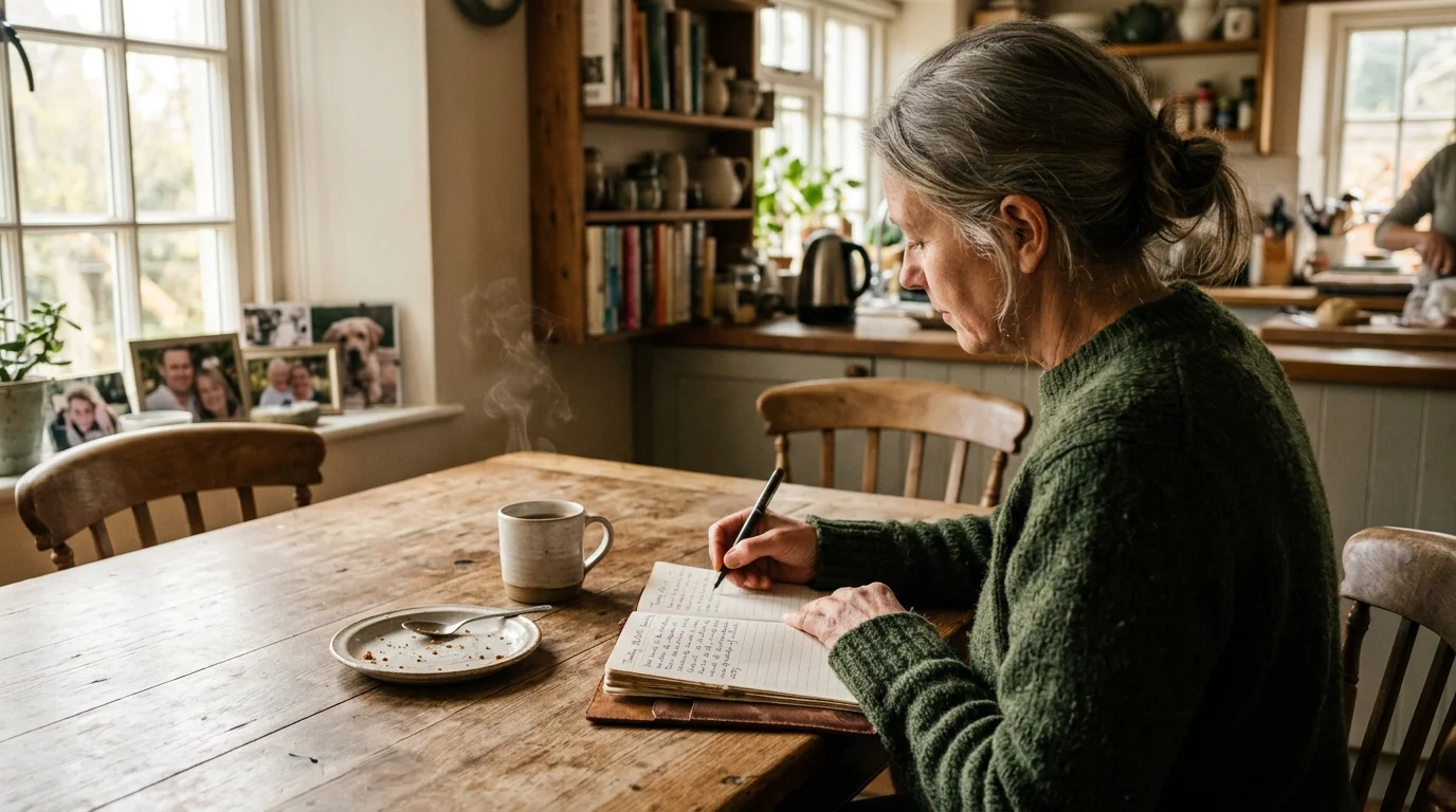 An over-the-shoulder photo of a woman writing in a journal at a sunlit wooden kitchen table next to a steaming mug.