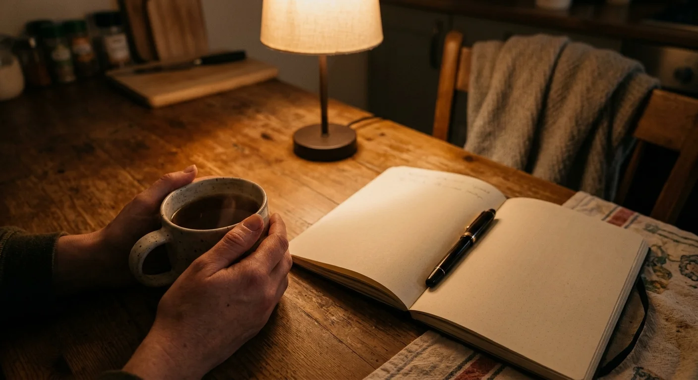 An overhead photo of hands holding a warm mug on a wooden table next to an open journal under warm lamp light.